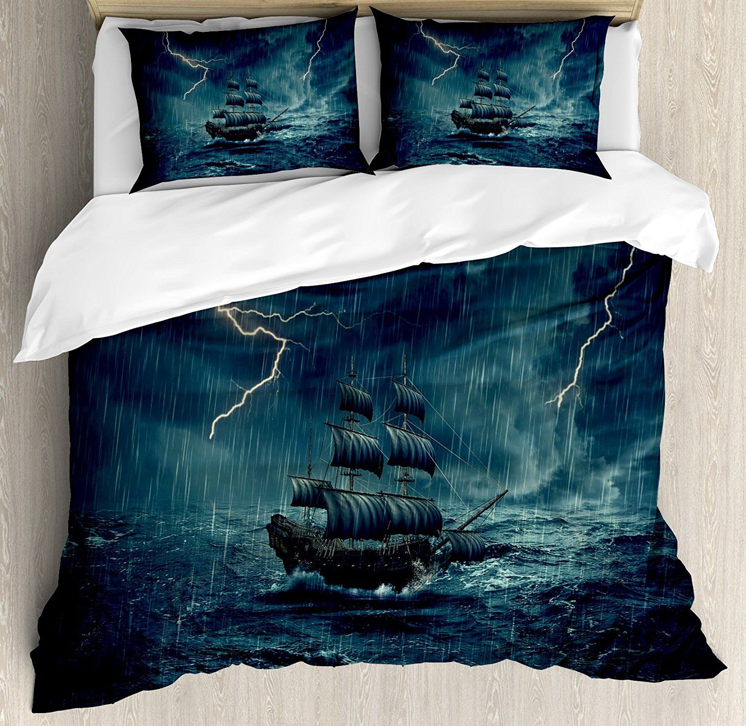 Landscape Duvet Cover Set Stormy Rainy Weather Waves Pirate