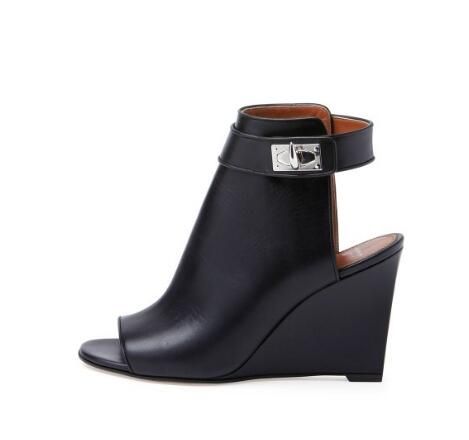 womens black leather wedge sandals