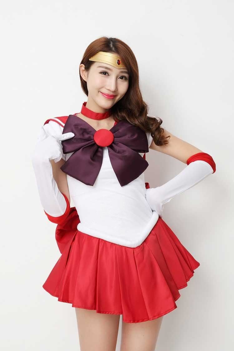 Fashion Anime Sailor Moon Sailor Mars Cosplay Costume Red Uniform Dress Satin