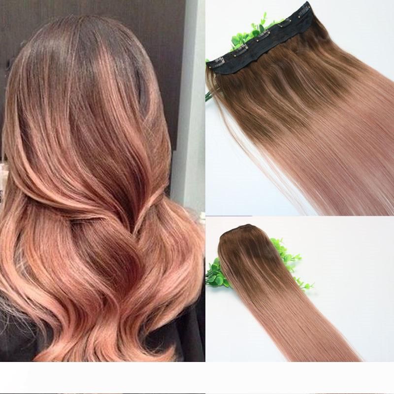 Ombre Rose Gold Pink With Brown Highlights Dark Brown Root One Piece Clip In Human Hair Extensions 5Clips With Lace Remy Human Hair Ombre Rose Gold Pink With Brown Highlights Dark Brown Root One Piece Clip In Human Hair Extensions 5Clips With Lace Remy Human Hair