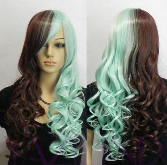 Wig Ll Popular Heat Resistant Hair Lolita Half Blue Brown Mix Long
