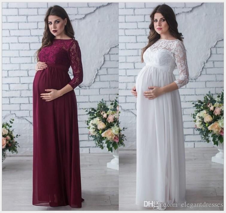 3/4 mangas de encaje gasa una línea vestidos de baile para embarazadas vestidos