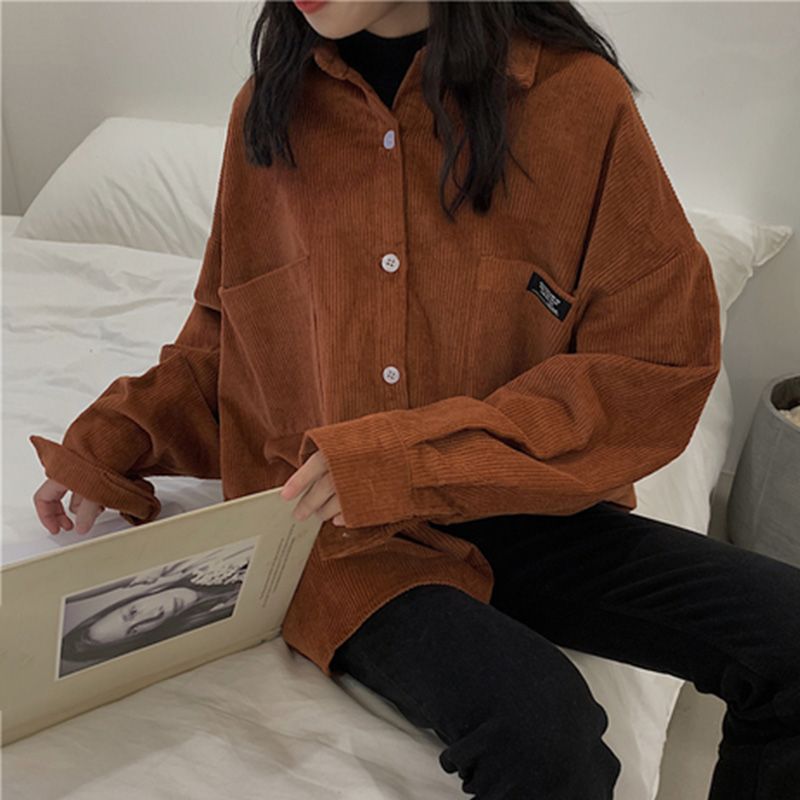 Womens Corduroy Shirt Blouse Coat Long 