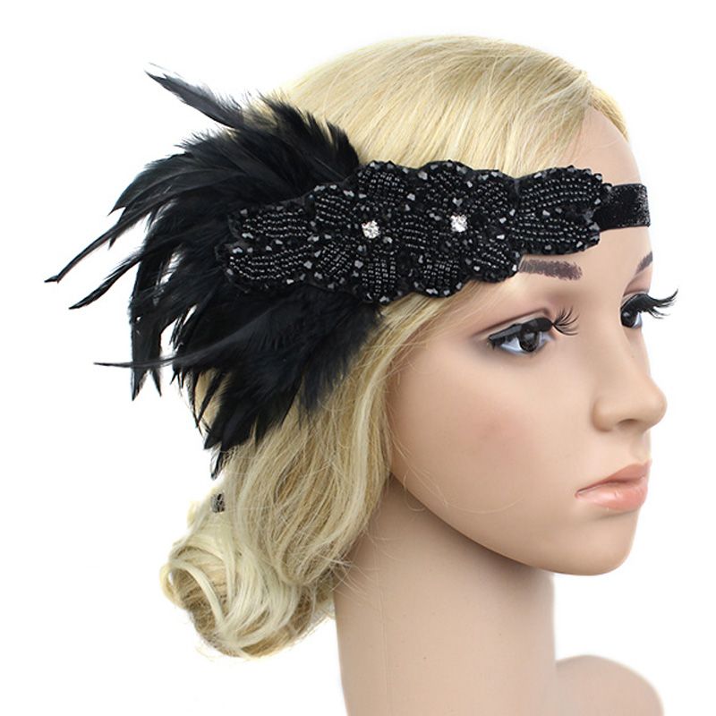 VINTAGE 1920s ART DECO GREY DIAMANTE FASCINATOR BLACK SEQUIN HEADBAND GATSBY UK