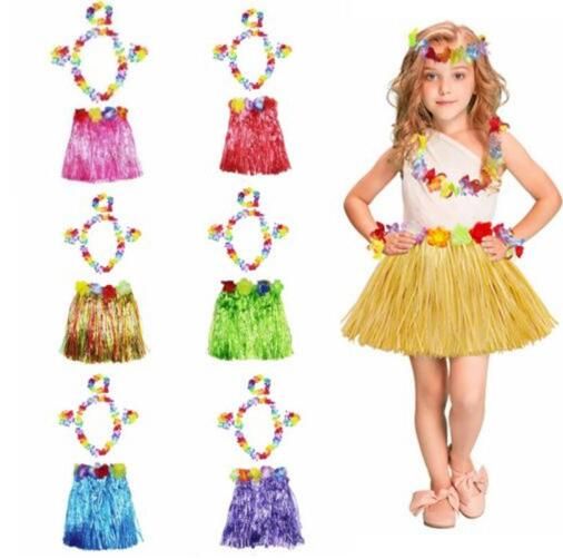 Kids Hawaiian Hula Dance Grass Skirt Lei Headband Wristband Fancy Dress/Costume 