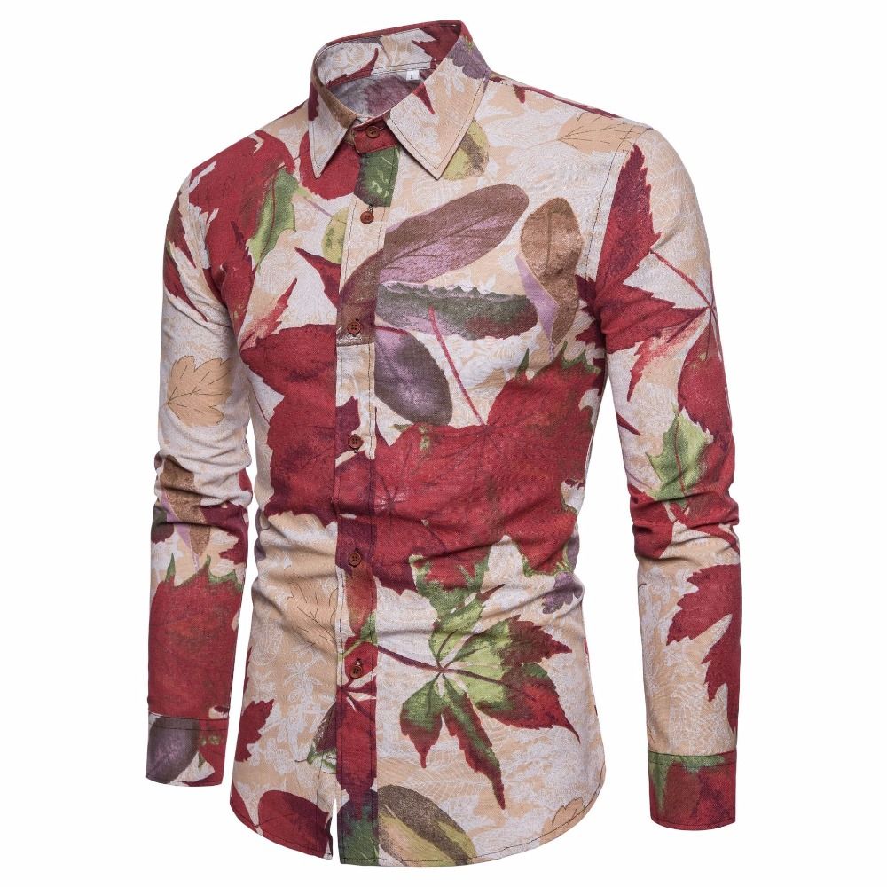 Men Casual Shirts Long Sleeve Floral Print Hawaii Shirt Slim Fit Tops