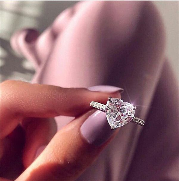 shusuen Women Fashion Heart-Shaped Ring Zircon Ring Heart Shaped Love Wedding Ring 