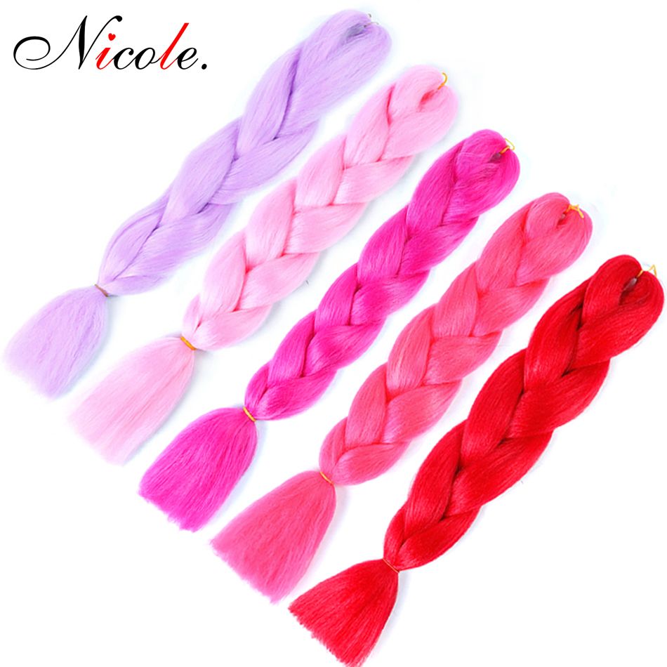 Nicole Hair Kanekalon Jumbo Braids Synthetic Colored Hair 24 Inch Pink/Blue/Grey  Crochet Braiding Hair Extensions Jumbo Braids