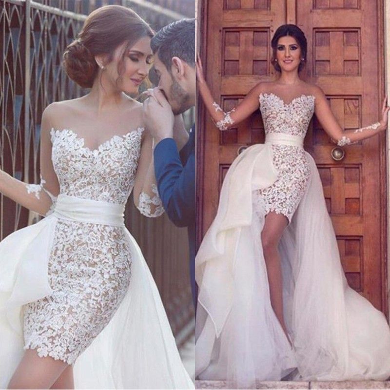 Discount Said Mhamad A Line Wedding Dresses Full Lace Illusion Long Seelves Above Knee Length Bridal Gowns With Detachab Train Ba2363 Western Wedding Dresses Ball Gown Dresses From Bestoffers 95 04 Dhgate Com