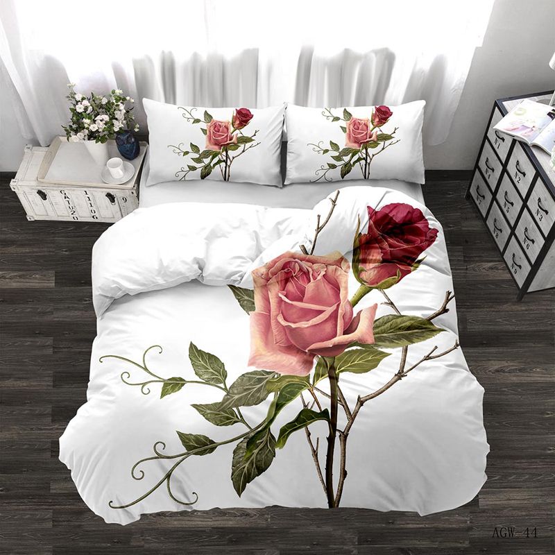 3DRose Duvet Cover Set Girls Woman Adults Rose Floral Print Comforter Cover Romantic Flowers Pattern Bedding Set Valentine's Day Quilt Cover
