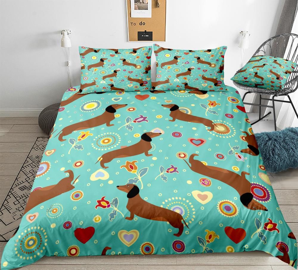 Dachshunds Duvet Cover Set Cartoon Sausage Dog Bedding Turquoise