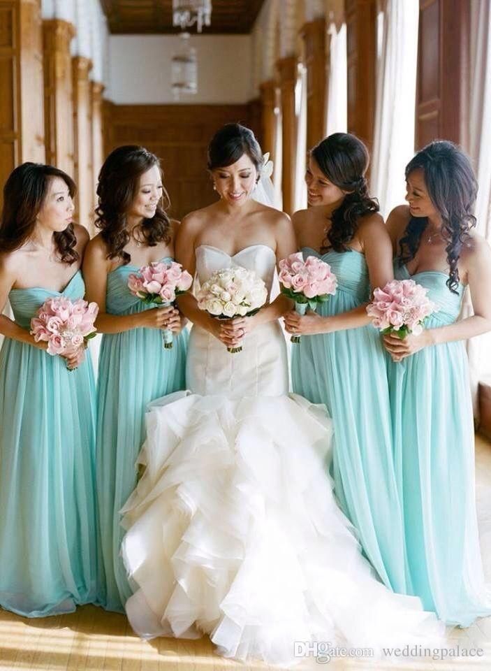 Verde menta Imperio largo vestidos de damas de honor de la gasa del cuello del amor Verde menta Imperio largo vestidos de damas de honor de la gasa del cuello del amor