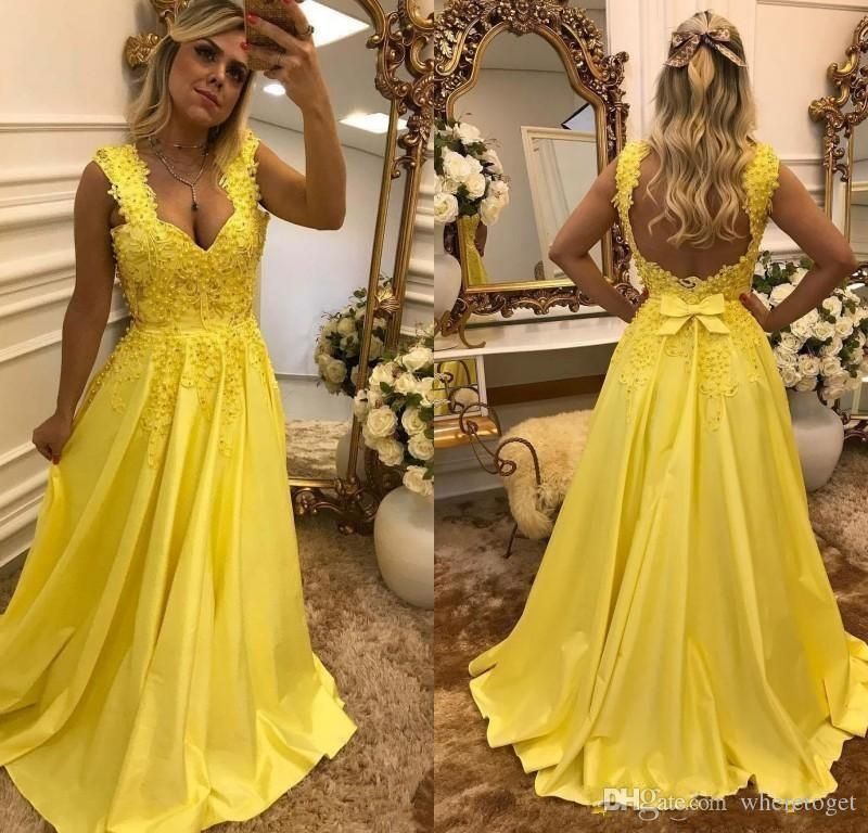 Yellow A Line Evening Dresses Straps Satin Beaded Pearls Pleats Floor