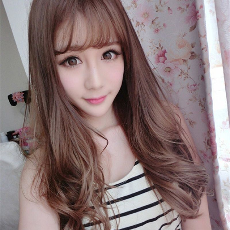 Wig Female Long Curly Hair Korean Big Wave Long Hair Qi Air Bangs Natural Realistic Fluffy Simulation Wig Set Donald Trump Wig Foxy Silver Wigs From
