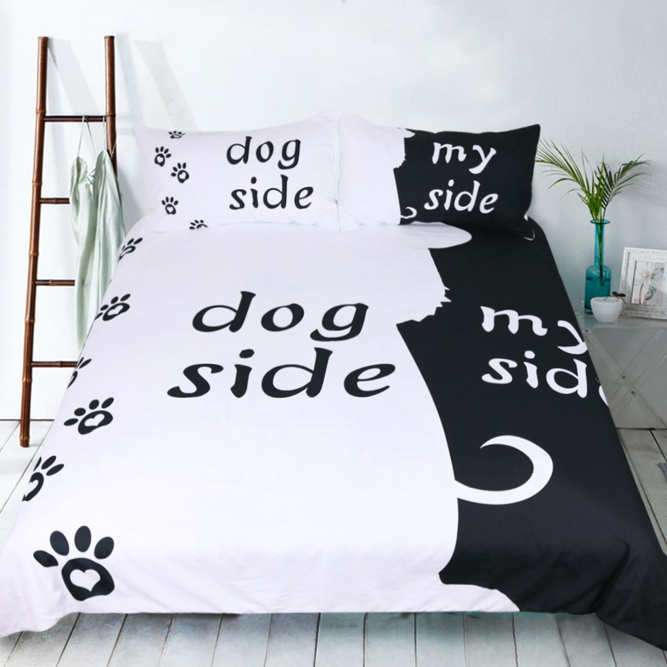 3d Dogs Side Black And White Duvet Cover With Pillowcases Bedding