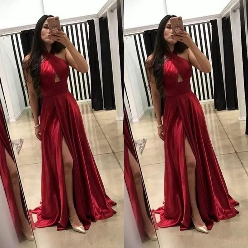2020 Elegante Abierto Pierna Atractiva Barato Vestidos De Baile Escote Halter De Partido De La Gasa Línea Roja Vestidos De 119,22 € DHgate
