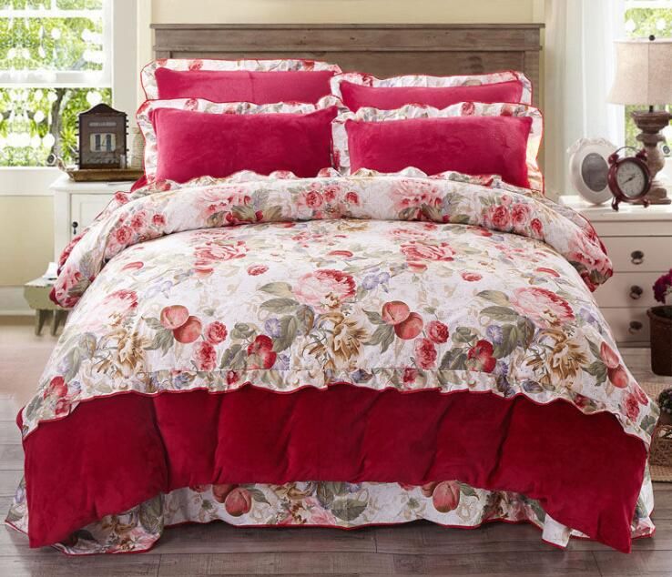 Fleece Bedding Set Ab Side Floral Duvet Cover Set Soft Warm