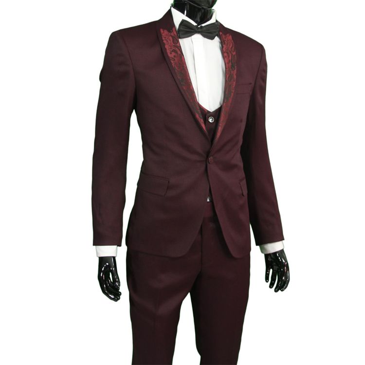 New Burgundy With Floral Pattern Shawl Lapel Wedding Tuxedos Slim Fit ...