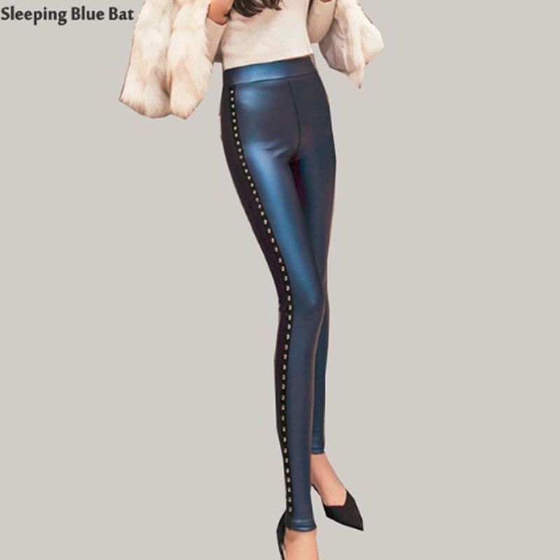 blue leather pants womens
