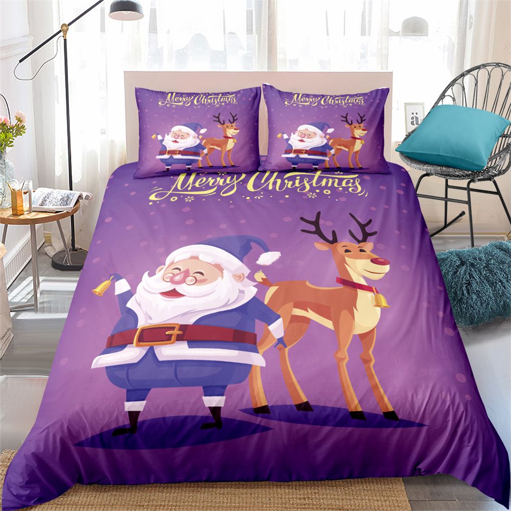 Cartoon Childrens Bedding Set Santa Claus Elk Purple Duvet Cover