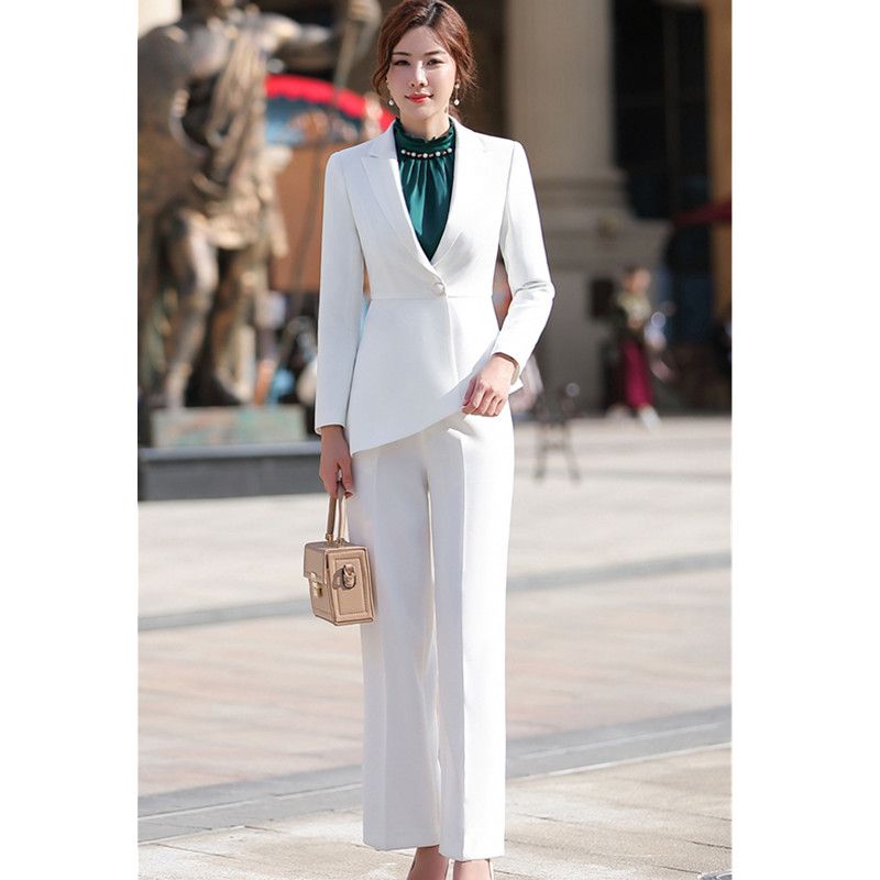 Traje de pantalón elegante para mujer blazer simétrico de larga formal negro blanco formal con
