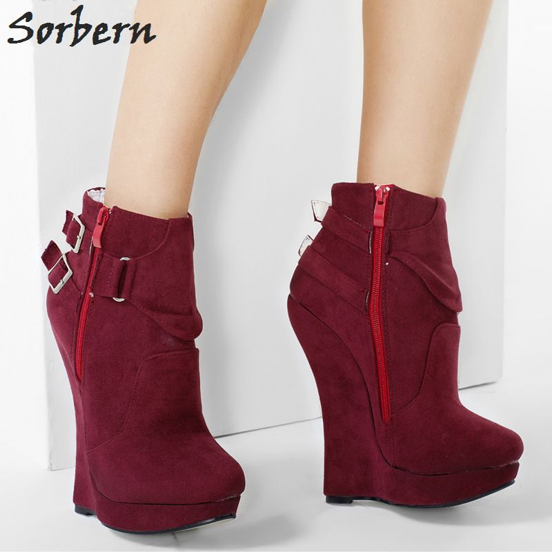 Sorbern Wine Red Ankle Boots Wedge High 