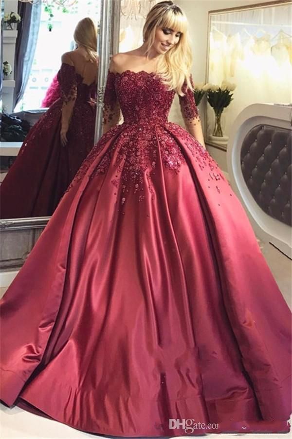 long sleeve burgundy evening gown