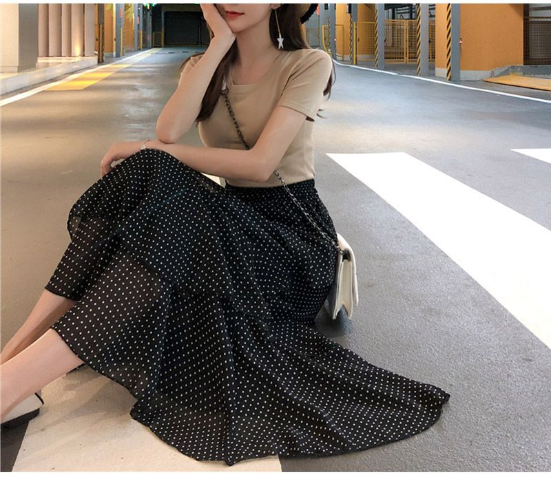 Qiujold Womens Bohemian Style Elastic high Waist Polka Dot Long Maxi Skirt Dress 