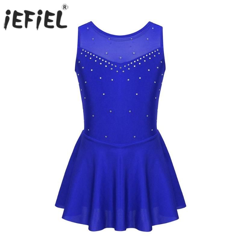 renvena Kids Girls Sleeveless Sparkly Rhinestone Cutout Back Leotard Dress for Ice Roller Figure Skating Ballet Dance