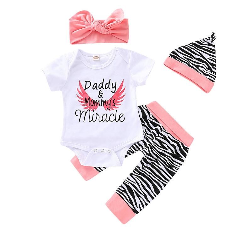 Kids Girls Fashion Sleeve Bowknot Pink 4Pcs Outfit Set