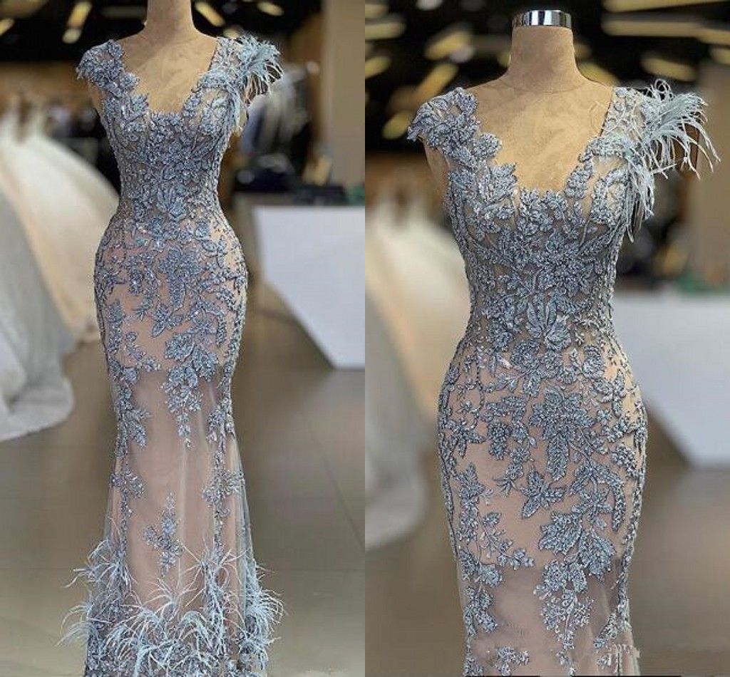 Dusty Blue Illusion Prom Dresses 2020 African Lace Feathers Mermaid ...