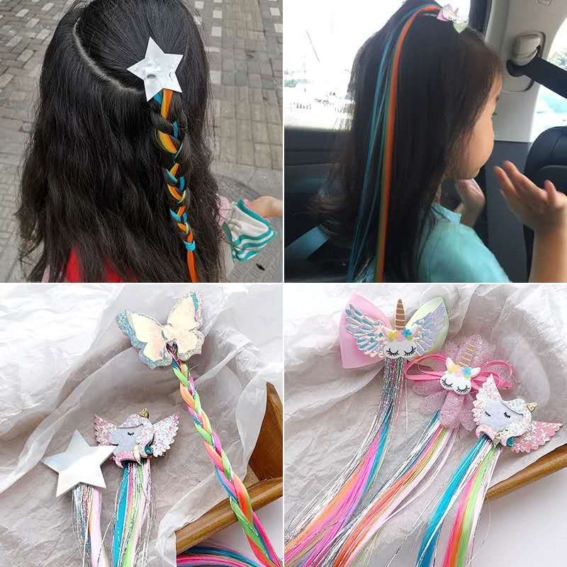 Kid's clip-in synthetic hair extension with star butterfly pony bow  decorated clips hair
