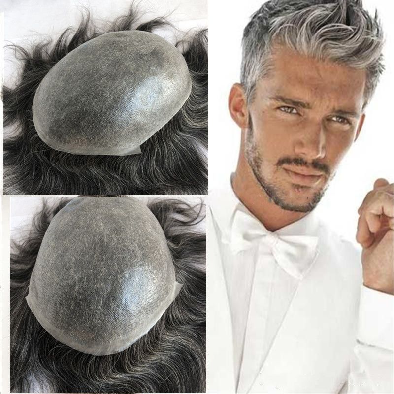 2019 Grey Hair Human Hair Mens Toupee Full Pu Toupee For Men Replacement System 8x10 Natural Straight Thin Skin Pu Men Hairpiece 1b40 From
