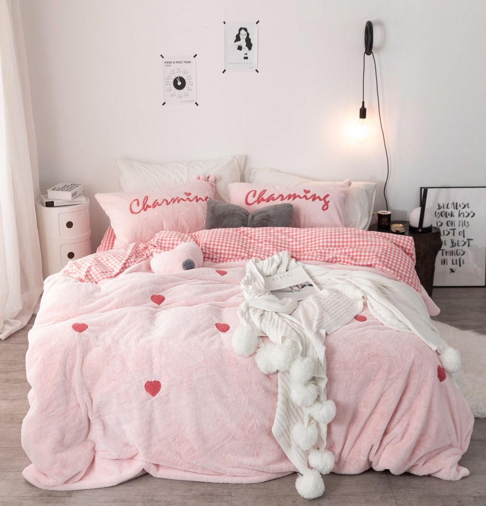 White Gray Pink Love Printing Fleece Fabric Girl Bedding Sets Soft