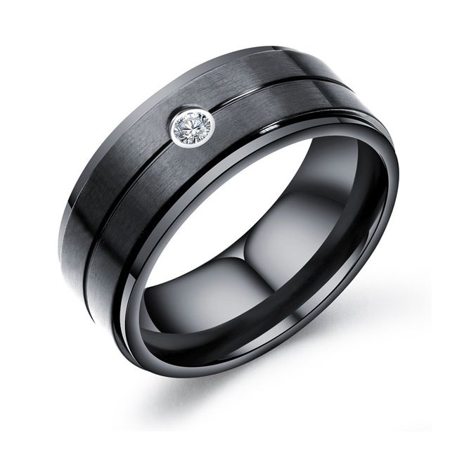 8mm Black Stainless Steel Ring For Man Punk Vintage CZ Stone Ring ...