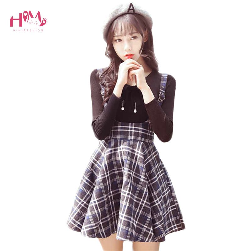 2020 Korean New Fashion Plaid Suspender Skirt Autumn Japanese
