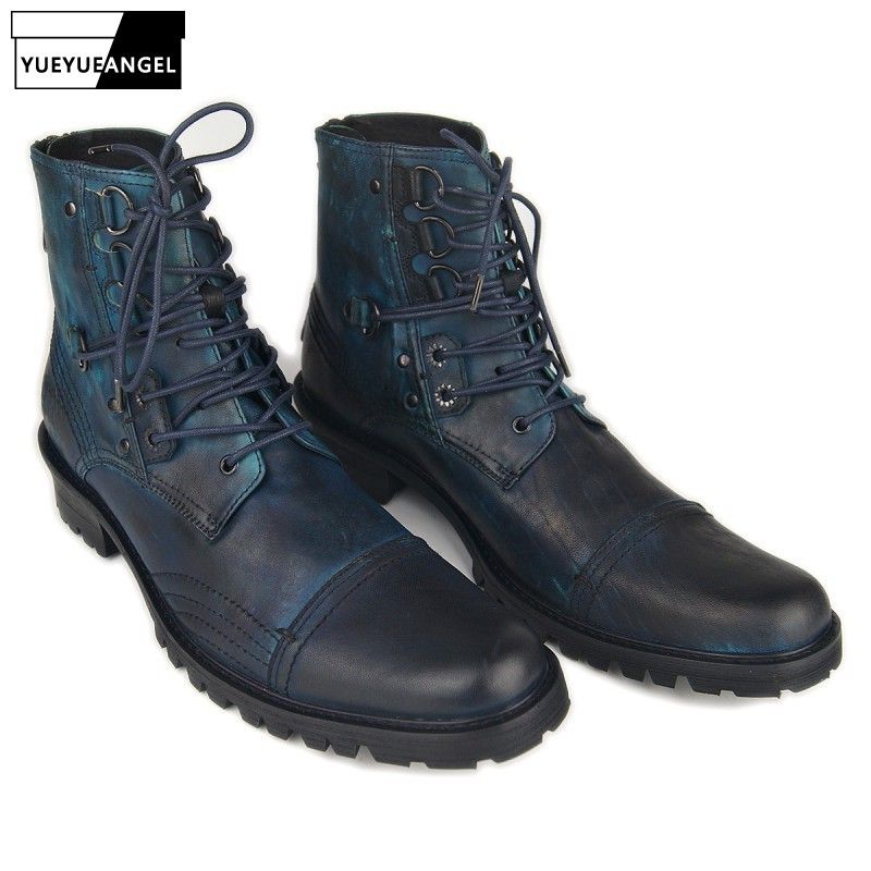 Compre Punk Estilo Couro Lace Up Mens Militar Das Botas De Vaqueiro Handmade Casual Preto / Azul Trabalho Equitação Botas Hombre Plus Size De Coenstar, $8.575,08 | Pt.Dhgate.Com