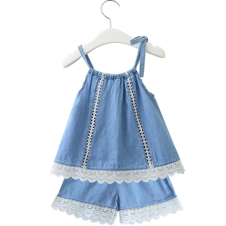 Kids Girl Fashion Summer Sleeveless Vest Tops Lace Denim Shorts Outfit Clothes