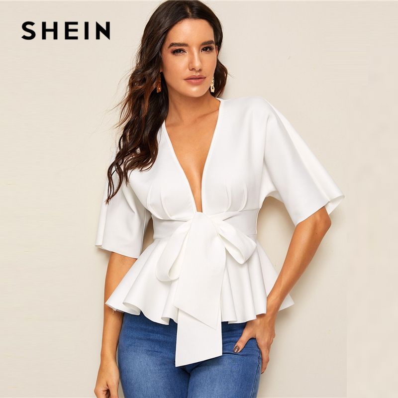 Compra Blusas Para Mujer Camisetas SheIn Pump Tie Cintura Peplum Top Top  Blanco Solid Slim Fit Para Mujeres Tops Y Sexy Profundo V Mensaje Corto  Blusa De Manga Corta Barato | Entrega