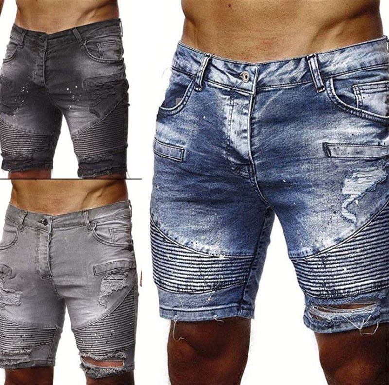 Hole Panelled Mens Designer Jean Shorts Fashion Drape Ripped Panelled ...