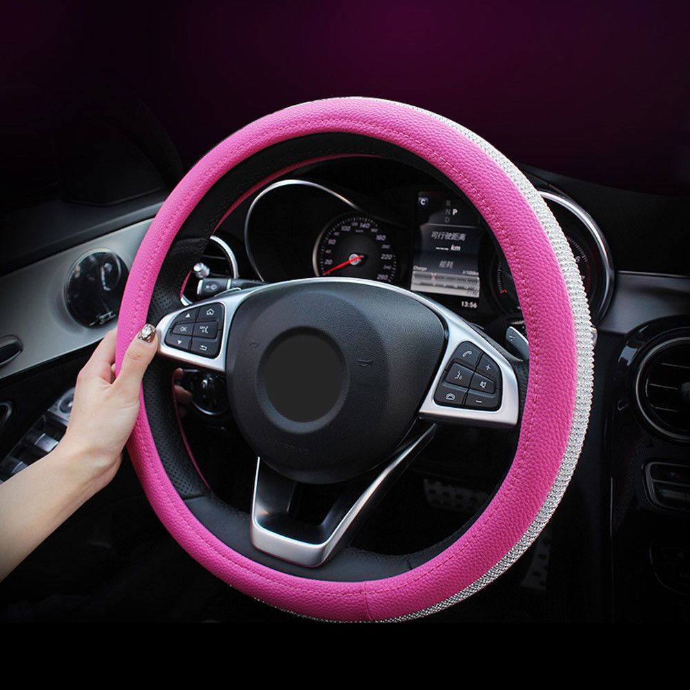 Skidproof Auto Car Steering Wheel Cover PU Leather wiht Bling Rhinestone 38cm