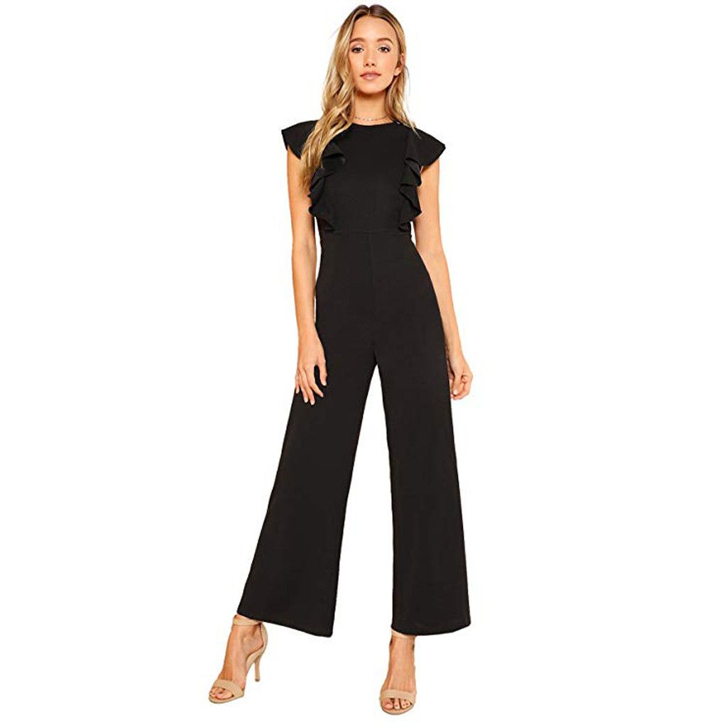 ruffle trim wide leg jumpsuit