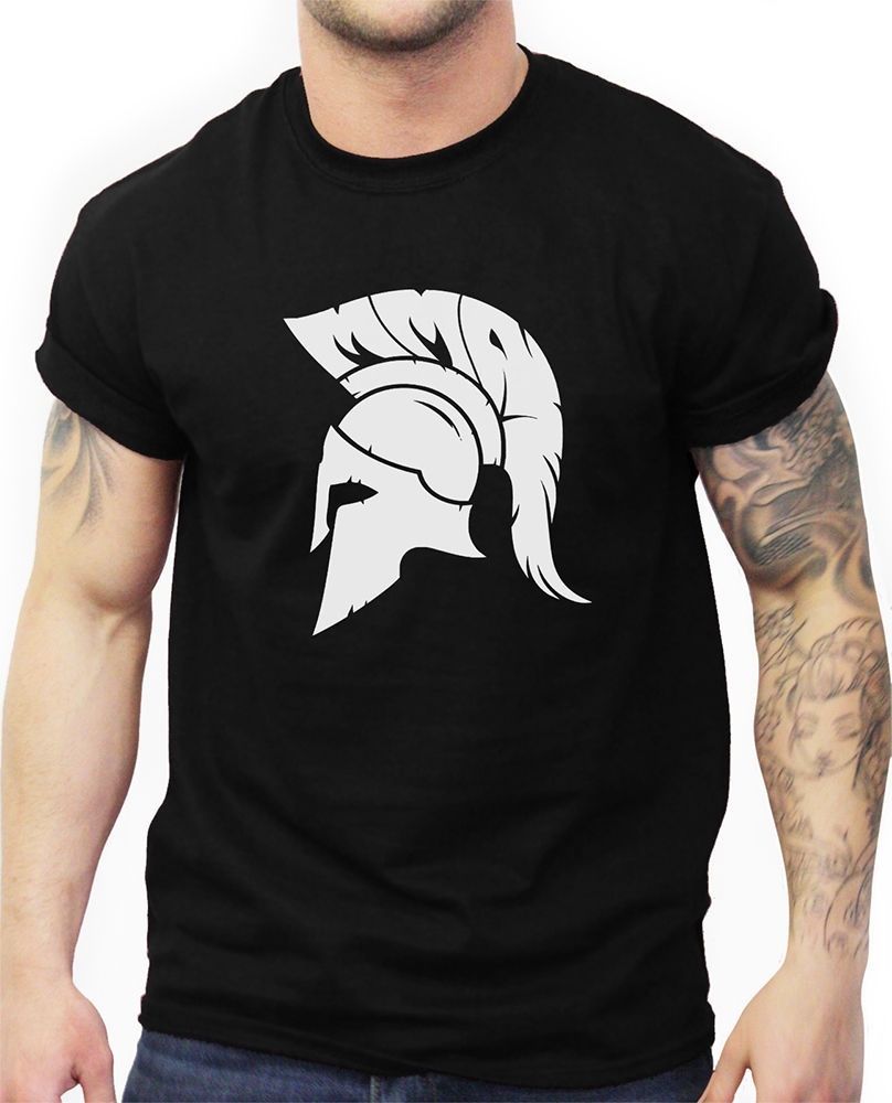 MENS MMA TRAINING T SHIRT SPARTAN HELMET TROJAN WARRIOR