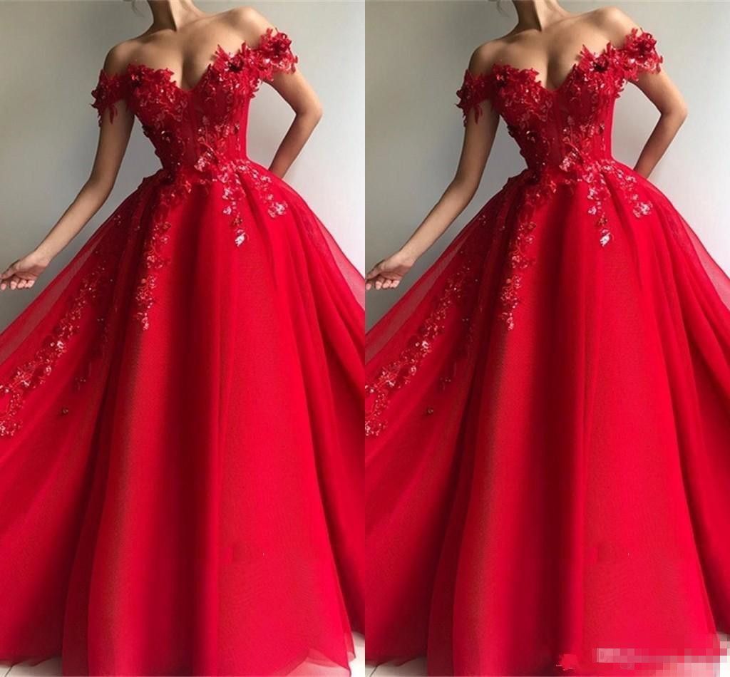 Hand Made Flower Red Prom Dresses 2019 Arabic Off Shoulder Appliques ...