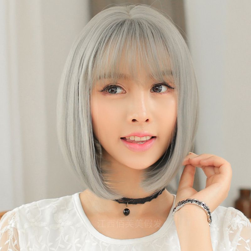 Wig Ladies Short Hair Air Bangs Korean Wig Headset Straight Short