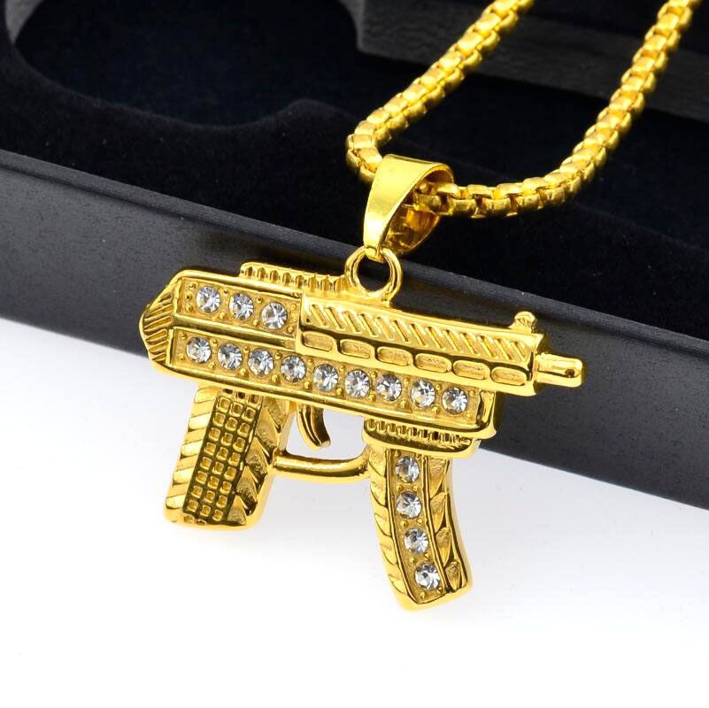 Gold Necklace Uzi Gun Pendant Necklace Men Alloy Full Crystal Bling