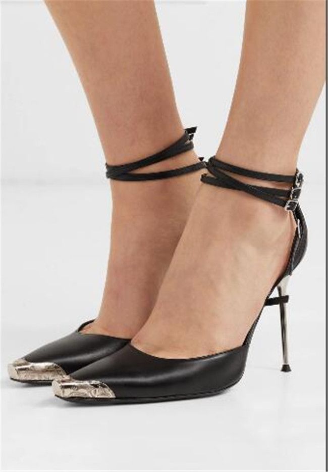 Acquistare Primavera Estate Nuovo Nero Argento Fibbia Cinghie Scarpe Alte  Tacco A Spillo Punta A Punta Moda Punta Di Ferro Signora Scarpe In Pelle  Pieno Fiore Singolo Economico | Consegna Veloce E