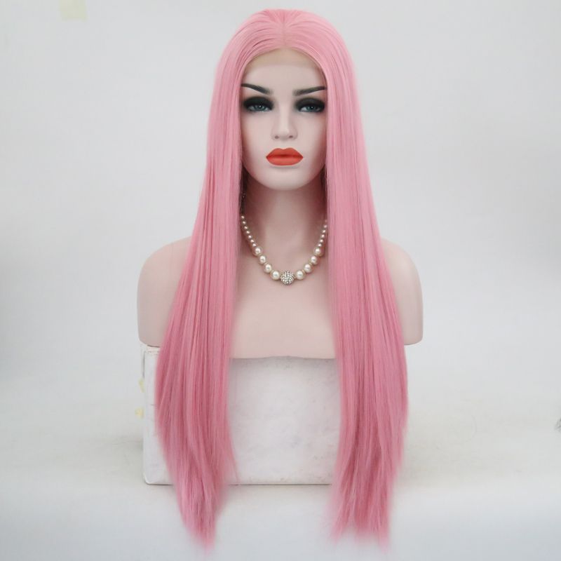 Natural Silky Straight Hair Pink Wig Middle Part Heat Resistant