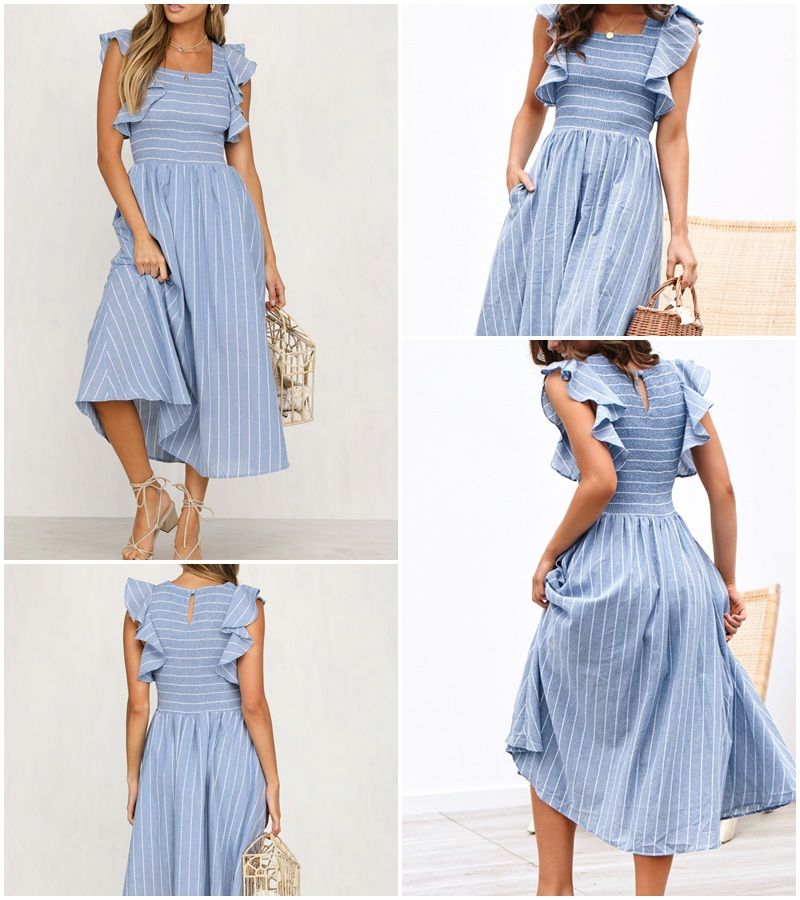 2019 Vintage rayas mujeres vestido vestido de lino azul elegante vestido de verano moda casual de algodón para mujer vestidos de playa