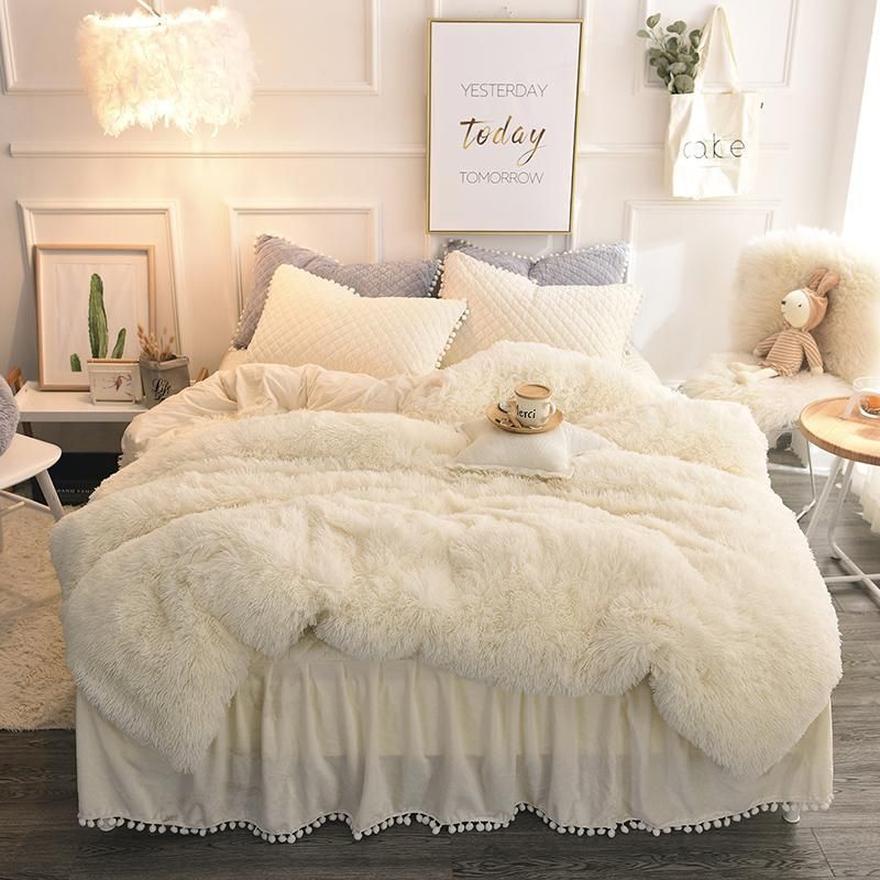 Luxury Plush Shaggy Duvet Cover Set Quilted Pompoms Fringe Ruffles